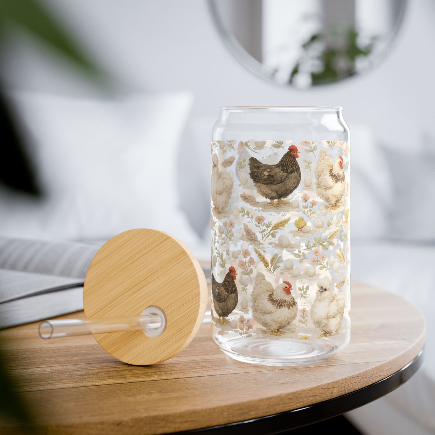 Chicken Glass Can Cup with Bamboo Lid β Fort Fluffy Butt Iced Coffee Tumbler