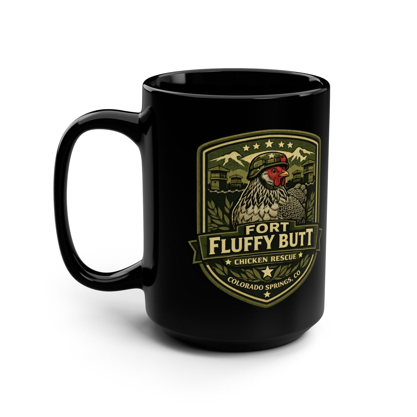Fort Fluffy Butt Logo Mug Black 15oz | Brahma Mama the Dark Brahma
