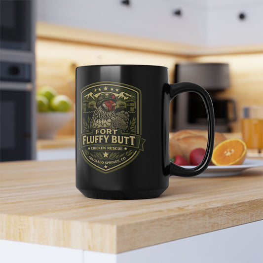 Fort Fluffy Butt Logo Mug Black 15oz | Brahma Mama the Dark Brahma