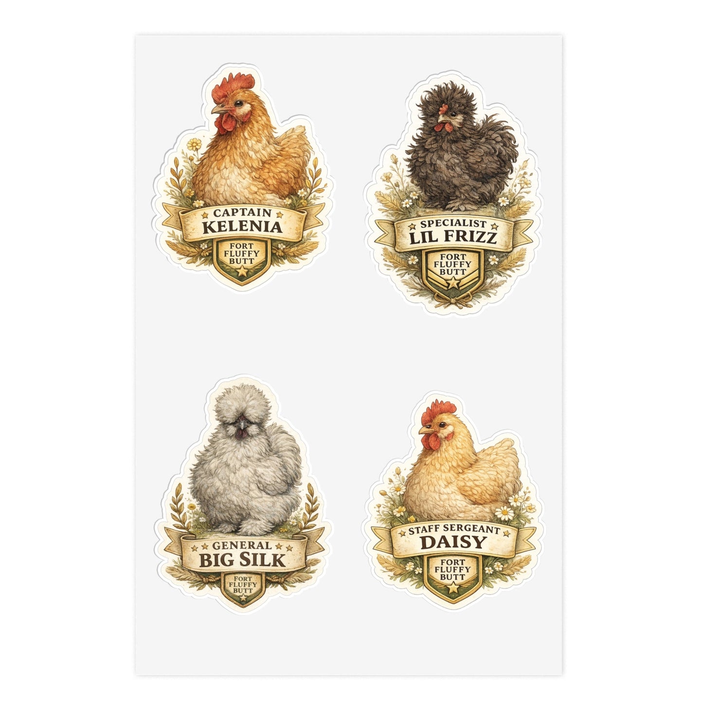 Fort Fluffy Butt Chicken Sticker Sheet – Cute Fluffy Chicken Vinyl Stickers (4 Designs) - Big Silk, Kelenia, Lil Frizz, and Daisy