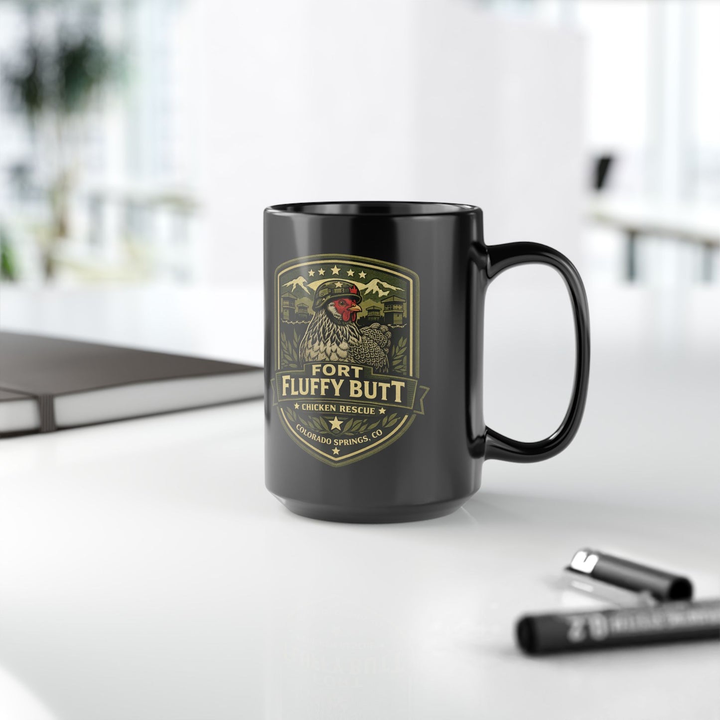Fort Fluffy Butt Logo Mug Black 15oz | Brahma Mama the Dark Brahma