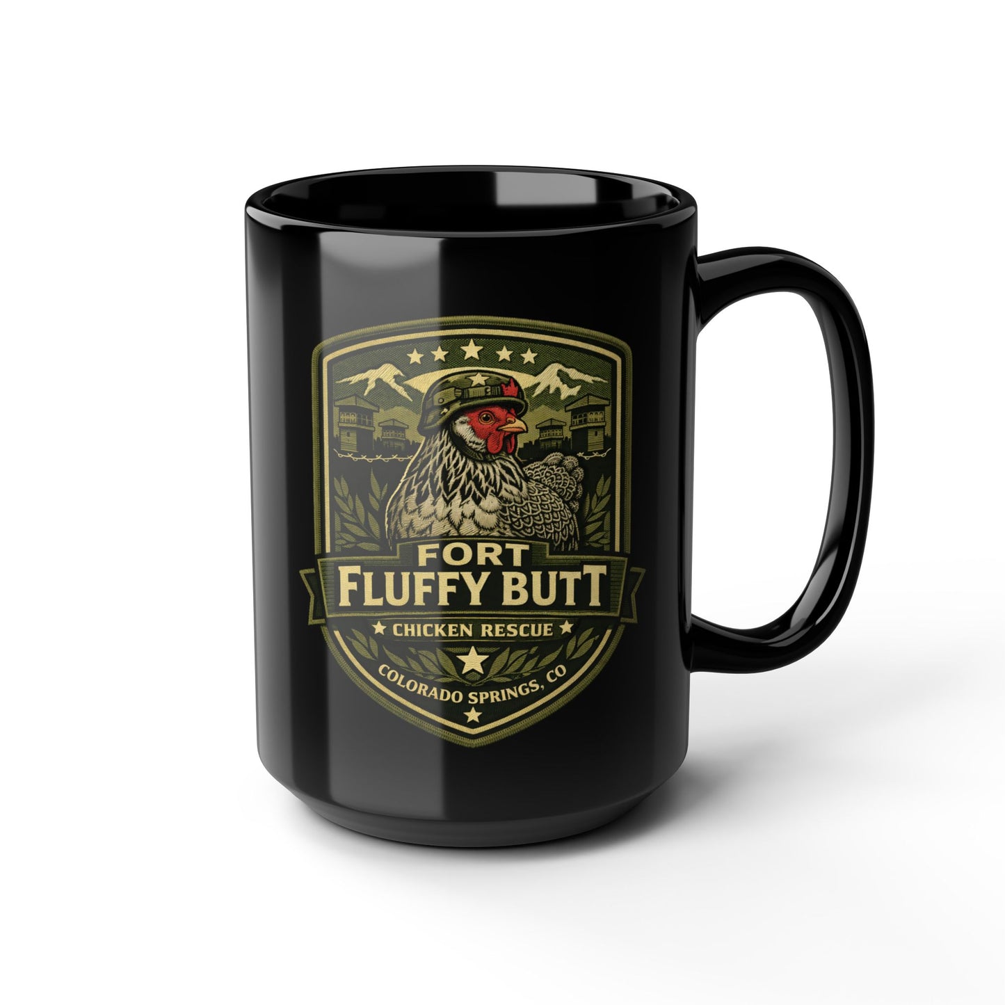 Fort Fluffy Butt Logo Mug Black 15oz | Brahma Mama the Dark Brahma