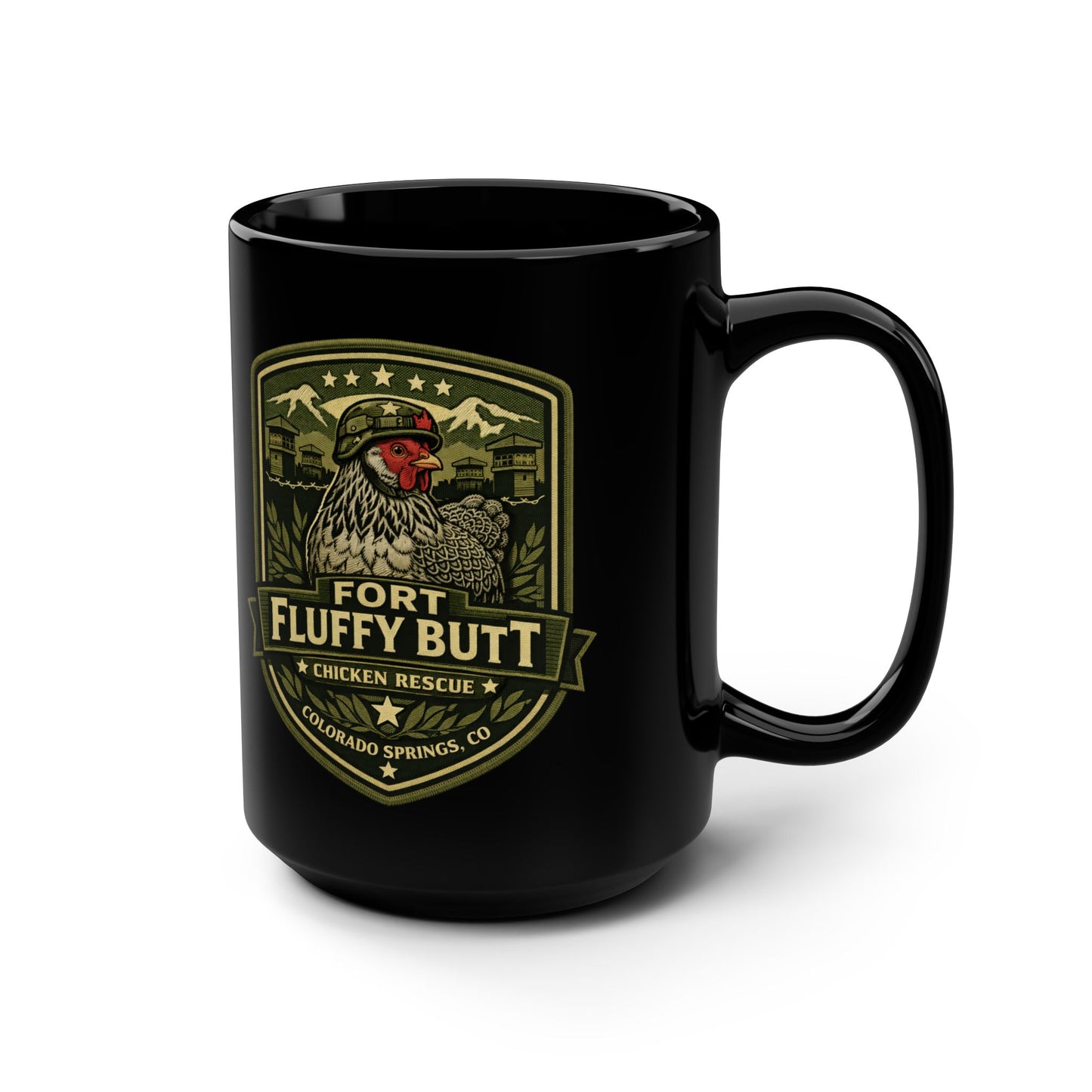 Fort Fluffy Butt Logo Mug Black 15oz | Brahma Mama the Dark Brahma